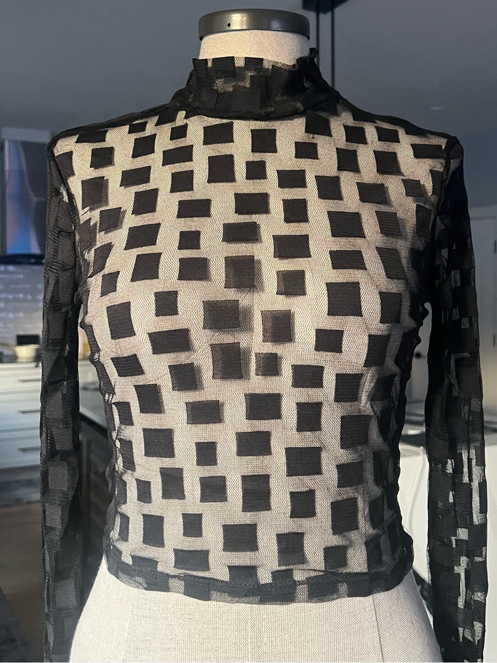 Arden B Black Sheer Mesh Long-Sleeve Top with Geometric Squares